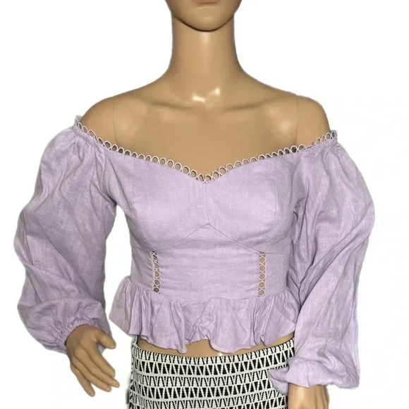 NWT Express Top Off The Shoulder Ruffle Corset Blouse Linen Blend Purple XS - Picture 5 of 11